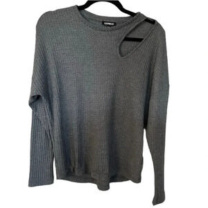 Express Women's Long Sleeve Gray Shoulder Cut-Out Waffle Knit Sweater Sz XS GUC